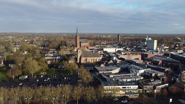 Raalte, the Netherlands - January 10th 2025: Aerial footage of the town center. Drone is slowly circling around the edge of town. 