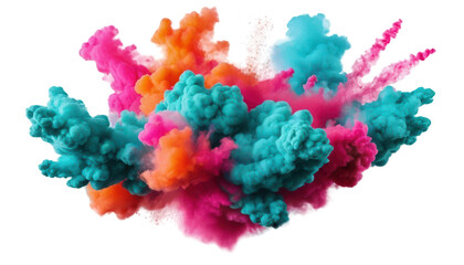 Naklejka premium Neon-colored powders (turquoise, hot pink, orange) exploding in mid-air with smoke bombs creating scattered, geometric smoke shapes, isolated on a white transparent background PNG.