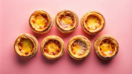 A delightful arrangement of golden custard tarts with a flaky pastry crust, displayed on a vibrant pink backdrop.