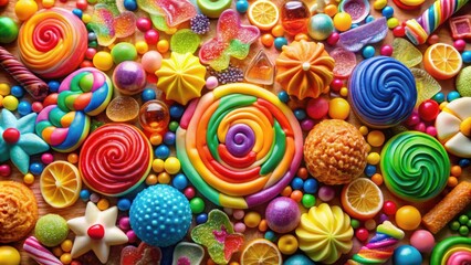 A colorful assortment of sweet treats including lollipops, gummies, candies, and other sugary delights, creating a vibrant and tempting display.
