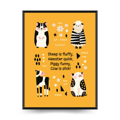 Abstract Childrens Room posters template with animals. Modern trendy Kids minimal style. Hand drawn design for wallpaper, wall decor, print, postcard, cover, template, banner.