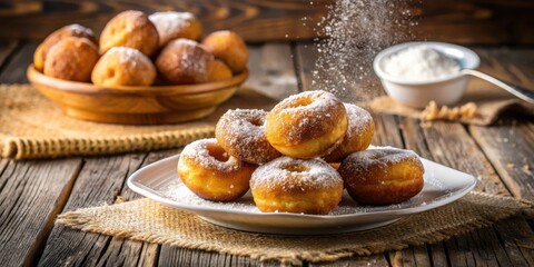 A plate of freshly baked donuts dusted with powdered sugar, a sweet and satisfying treat for any occasion.