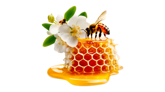 Intricate honeycomb with bees and flower isolated on transparent background for design element, 