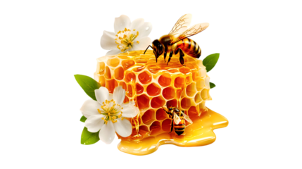 Intricate honeycomb with bees and flower isolated on transparent background for design element, 