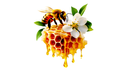 Intricate honeycomb with bees and flower isolated on transparent background for design element, 