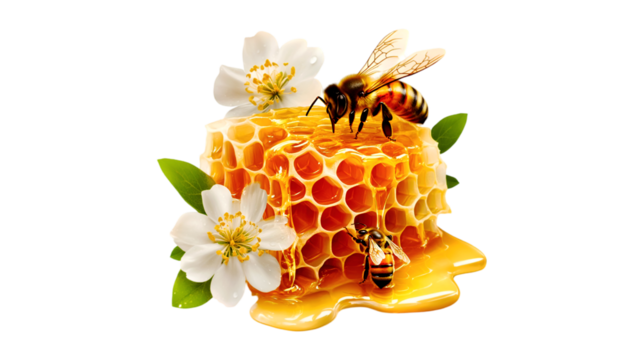 Intricate honeycomb with bees and flower isolated on transparent background for design element, 
