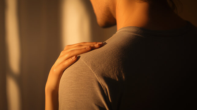 Female hand on mans shoulder in a romantic gesture