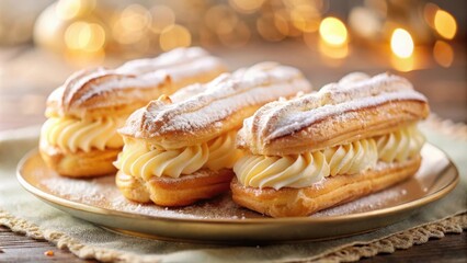 Sweet Cream Puffs Dusted with Powdered Sugar and a Whipped Cream Filling on a Golden Plate