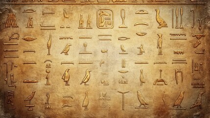 Ancient Egyptian hieroglyphics and symbols carved or engraved on a stone wall or tile surface  The hieroglyphic script features a variety of iconic designs patterns