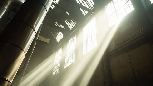 Sunlight streams through industrial building windows illuminating dust motes