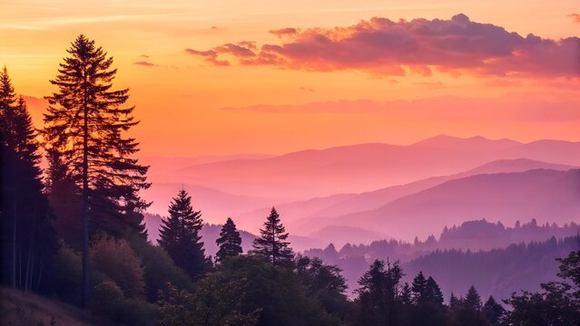 A breathtaking sunset over rolling hills, with a vibrant sky in hues of orange and purple. Silhouetted trees add depth and drama to the scene.