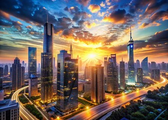 Fototapeta premium Futuristic Cityscape: Financial Technology Landscape at Dawn