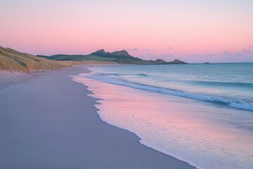 tranquil twilight beach scene with soft pink and cool blue hues blending on the horizon, creating a dreamy seascape that invites relaxation and reflection under a serene sky