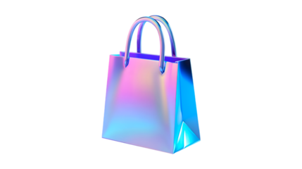 A holographic shopping bag glows in a vibrant futuristic environment isolated on a transparent background for design layouts