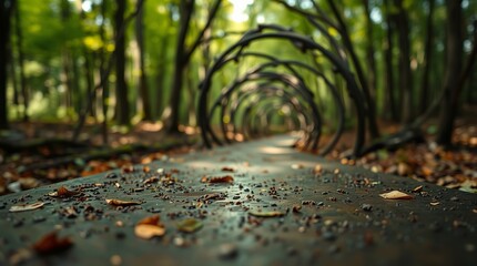 Fototapeta premium Whimsical metal spiral path winds through a lush green forest, fallen leaves scattered on the ground.