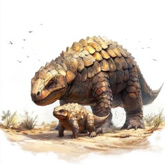 Obraz premium Illustration of Two Armored Dinosaurs in a Desert Landscape with Birds in the Sky