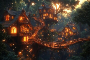 Naklejka premium treehouses suspended among vibrant, oversized trees, with interconnected bridges and whimsical architecture, creating a fantastical cityscape against a twilight sky filled with sparkling stars