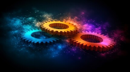 A digital representation of innovation and technology, with a gear mechanism transforming into a digital cloud, signifying the transition from traditional systems to modern technological solutions.