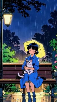 lofi anime girl, lofi gilr in raining, lofi, rain, rainy, 4K resolution, lofi rain animation, sound, music, 4K Lofi Japanese Anime-style background animation video, anime lofi girl, lofi animation