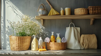 Fototapeta premium A cozy spring cleaning station with eco-friendly detergents and tools