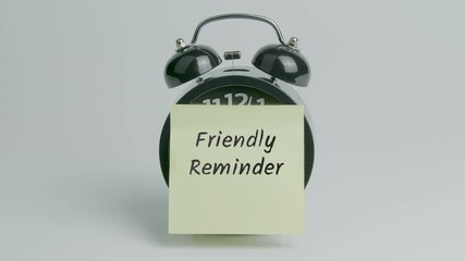 Friendly Reminder Text or Word on Yellow Note Paper Sticking onto Black Alarm Clock on White Background With Sound