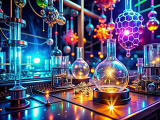 Fototapeta premium Futuristic Lab: Glowing Molecular Structures & Advanced Tech in Vibrant Digital Environment