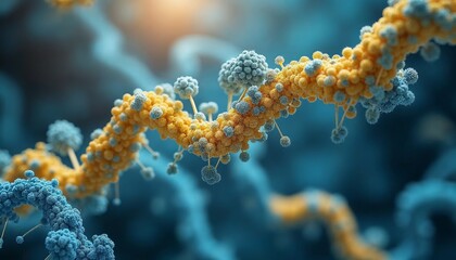 Fototapeta premium Microscopic DNA strands and cells in vibrant yellow and blue, 3D-rendered with detailed double helix structures, glossy textures, and high contrast, high resolution