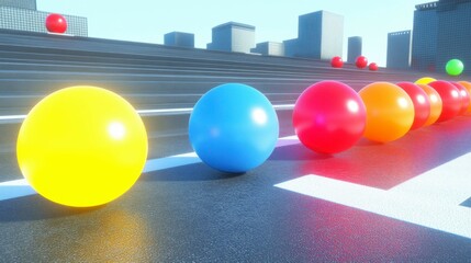 A futuristic scene of vibrant rainbow-colored balls tumbling down urban stairs, with the colors popping against the grey city backdrop, creating a striking contrast in a lively digital cityscape.