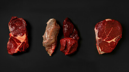 collection of raw meat on black background