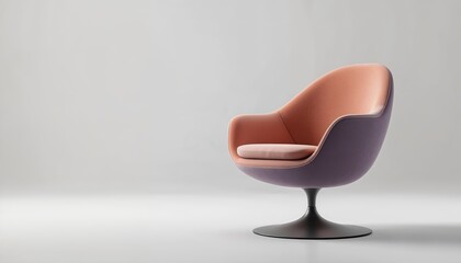 Modern swivel chair with curved design, pedestal base, minimalist upholstery, neutral tones, soft lighting, clean lines, studio backdrop, product photography, copy space.