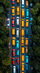 Obraz premium Traffic congestion on a busy urban road with colorful vehicles during daytime