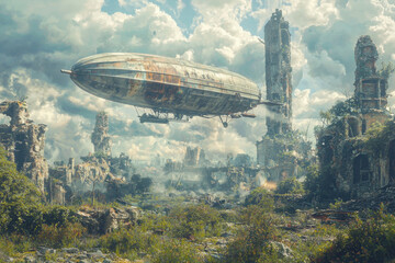 Naklejka premium Airship Over Post-Apocalyptic Ruins and Vegetation
