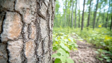 Obraz premium A close-up of textured tree bark with the forest floor and surrounding flora as the environment, showing the rough surface of the bark and the soft details of the plants around it.