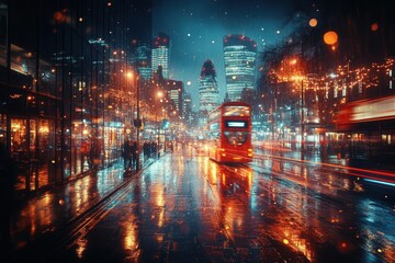 Fototapeta premium urban nightlife reflected in the lens of a cityscape, showcasing vibrant lights and dynamic movement, capturing the essence of a bustling city after dark