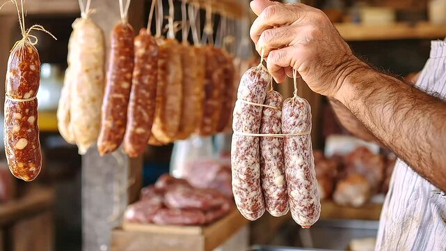 Butcher Hands Tying Sausage Links in Traditional Workshop