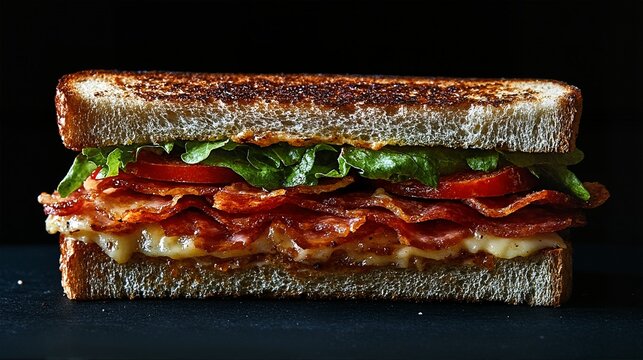 A BLT sandwich with melted cheese on toasted white bread. - Powered by Adobe