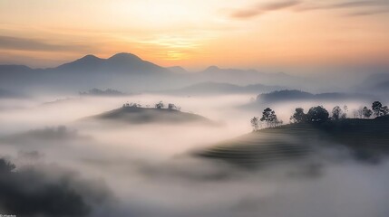 Misty Mountain Sunrise Over Rice Terraces