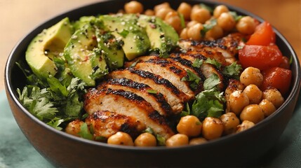 A bowl of food with grilled chicken, avocado, chickpeas, and tomatoes.