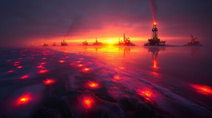 A panoramic view of an oil field at sunset, with multiple rigs and pumps working in unison, the golden light reflecting off the metal structures, showcasing the vastness of the oil extraction process.
