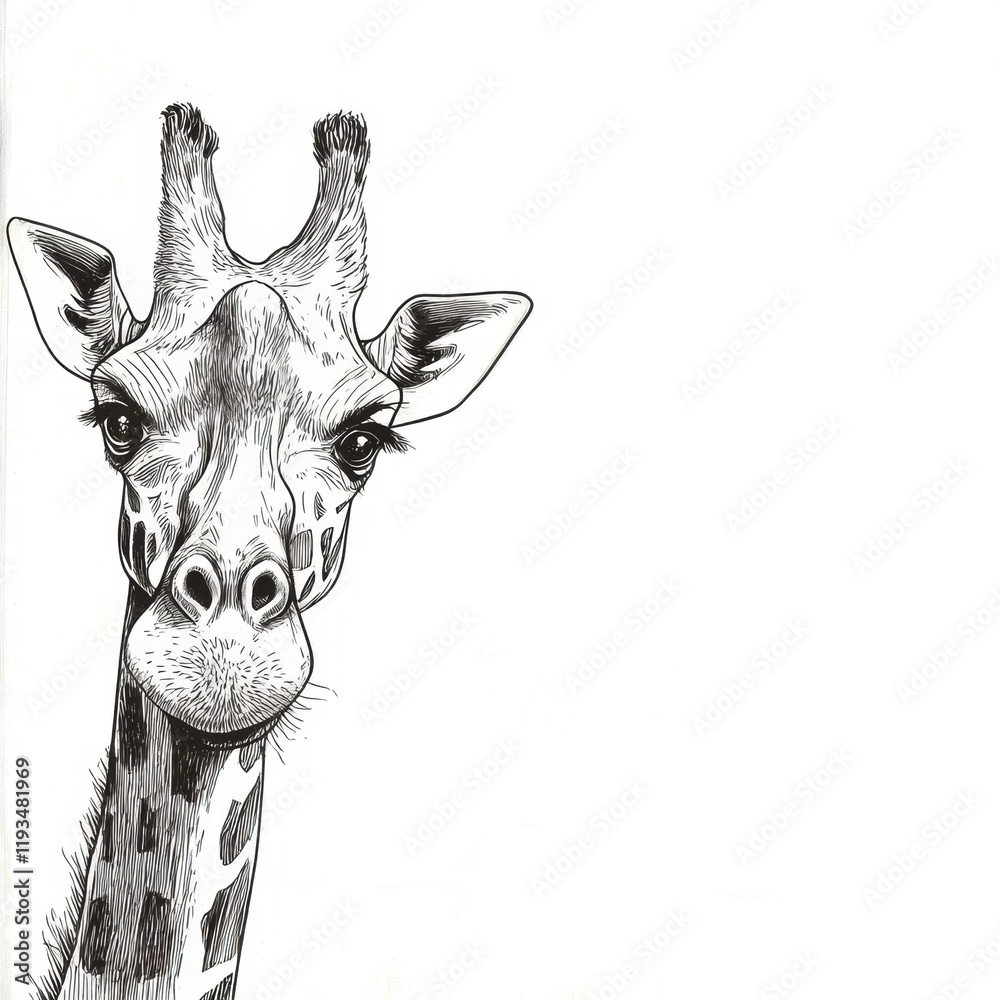 Poster Giraffe portrait illustrating unique features and expressive gaze against a minimal background. Generative AI