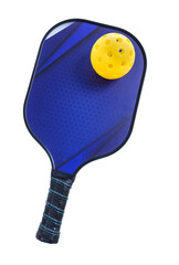 Blue Pickleball paddle or raquet with yellow ball on white background