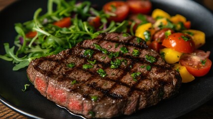 A grilled steak with a side of arugula salad and sliced tomatoes.