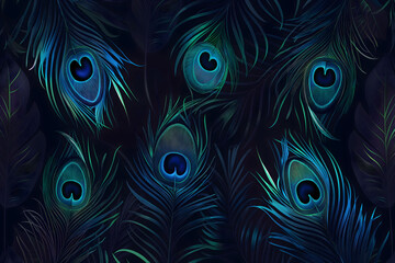 Seamless pattern of vibrant peacock feathers with glowing blue and green hues on a dark background, symbolizing elegance, nature, luxury, and artistic sophistication for design or decorative projects