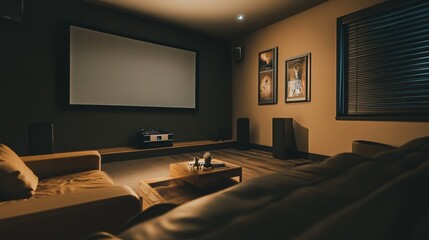 A cozy home theater setup with a projector and comfortable seating, representing the shift towards home entertainment, Home theater scene