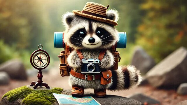 Cute cartoon raccoon charachter traveler walking with camera and backpack for hiking in the forest