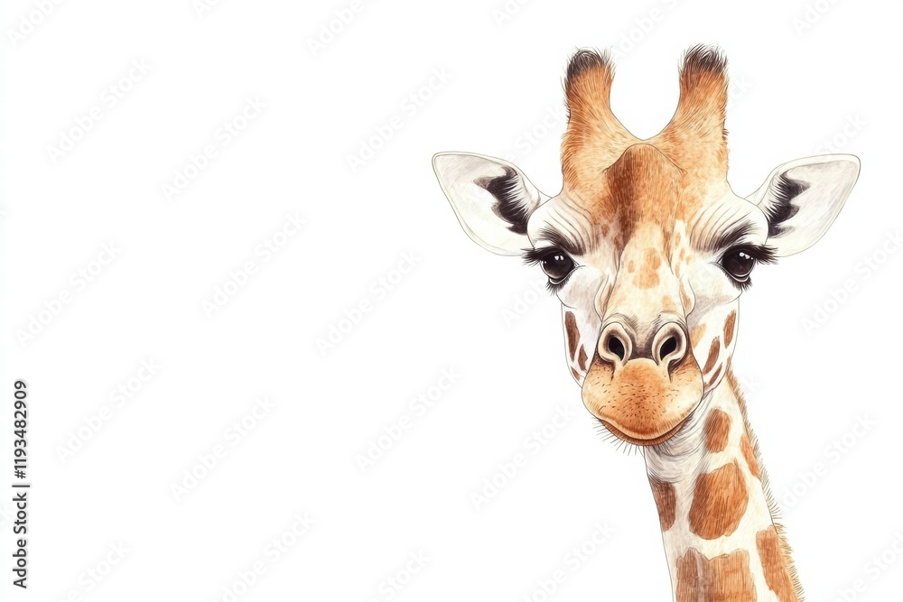 Poster Giraffe portrait showcasing unique features and gentle expression against a plain background. Generative AI