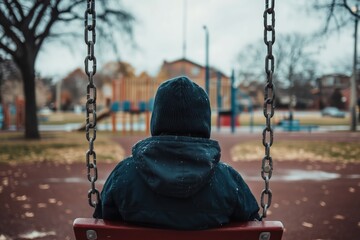 Lonely Child Sitting on a Swing in Winter Portraying Feelings of Isolation and Depression