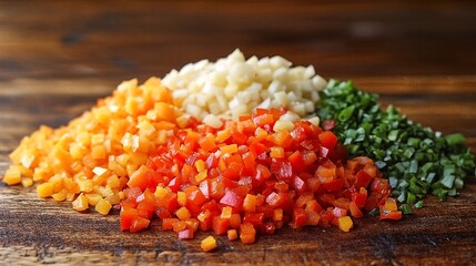 Chopped Bell Peppers and Onions on a Wooden Cutting Board.
