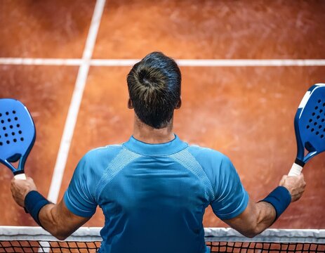 Generated image An overhead shot of a padel player’s back as they stand at the court’s baseline, preparing