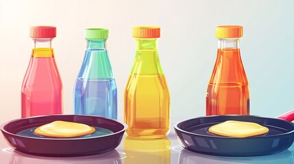 Illustration of oil butter in cooking showcasing vibrant bottles and melting pads as essential ingredients in meal preparation